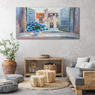 Foto auf leinwand Blumen am offenen Fenster