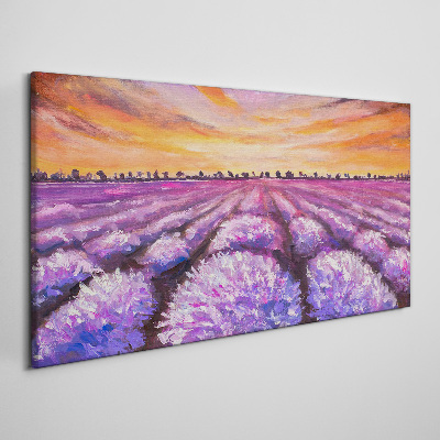 Foto auf leinwand Lila Lavendelfelder bei Sonnenuntergang