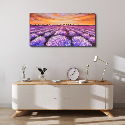 Foto auf leinwand Lila Lavendelfelder bei Sonnenuntergang