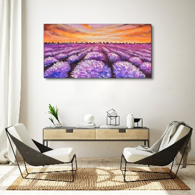 Foto auf leinwand Lila Lavendelfelder bei Sonnenuntergang