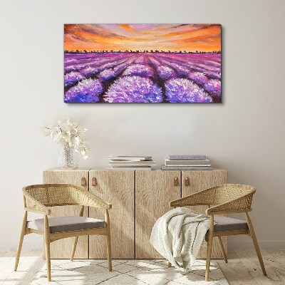 Foto auf leinwand Lila Lavendelfelder bei Sonnenuntergang