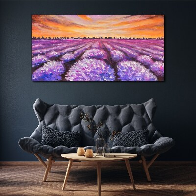 Foto auf leinwand Lila Lavendelfelder bei Sonnenuntergang