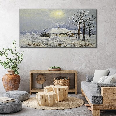 Foto auf leinwand Winterlandschaft Hütten Bäume