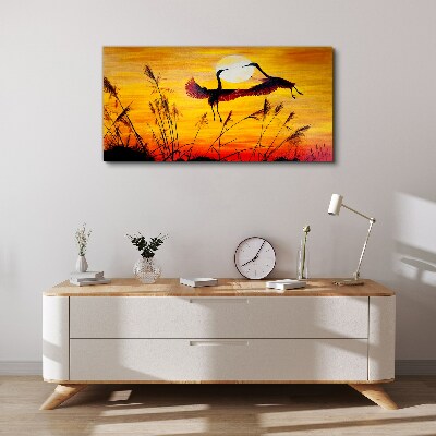 Foto auf leinwand Tanzende Kraniche bei Sonnenuntergang