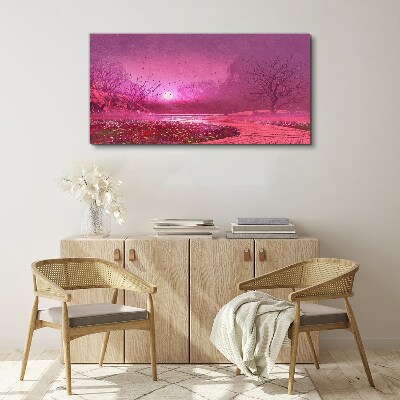 Foto auf leinwand Rosa Nebel über der Frühlingslandschaft