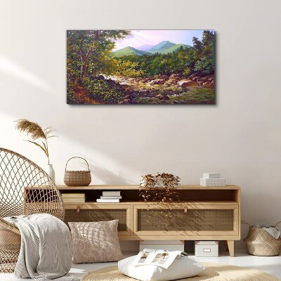 Foto auf leinwand Wald, Fluss, Steine, Berge