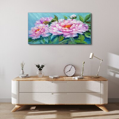 Bild auf leinwand Rosa Pfingstrosen auf blauem Hintergrund
