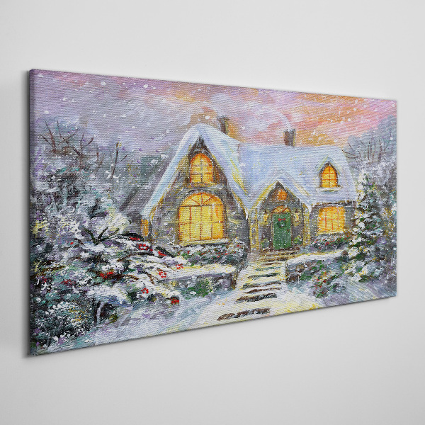 Foto auf leinwand Winterlandschaft mit einem Haus im Wald