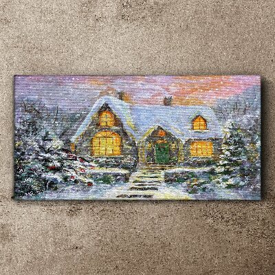 Foto auf leinwand Winterlandschaft mit einem Haus im Wald
