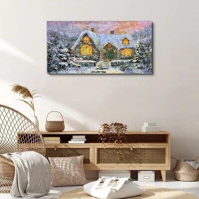 Foto auf leinwand Winterlandschaft mit einem Haus im Wald