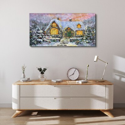 Foto auf leinwand Winterlandschaft mit einem Haus im Wald