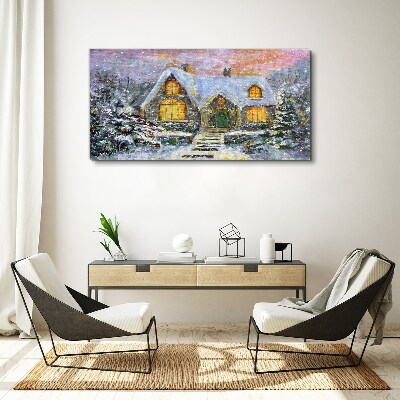 Foto auf leinwand Winterlandschaft mit einem Haus im Wald