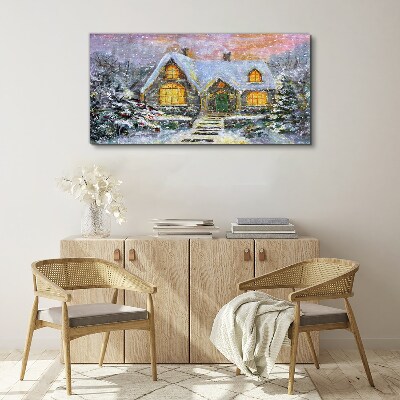 Foto auf leinwand Winterlandschaft mit einem Haus im Wald