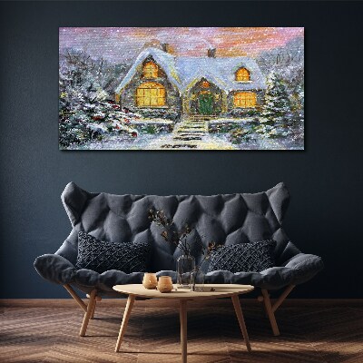 Foto auf leinwand Winterlandschaft mit einem Haus im Wald
