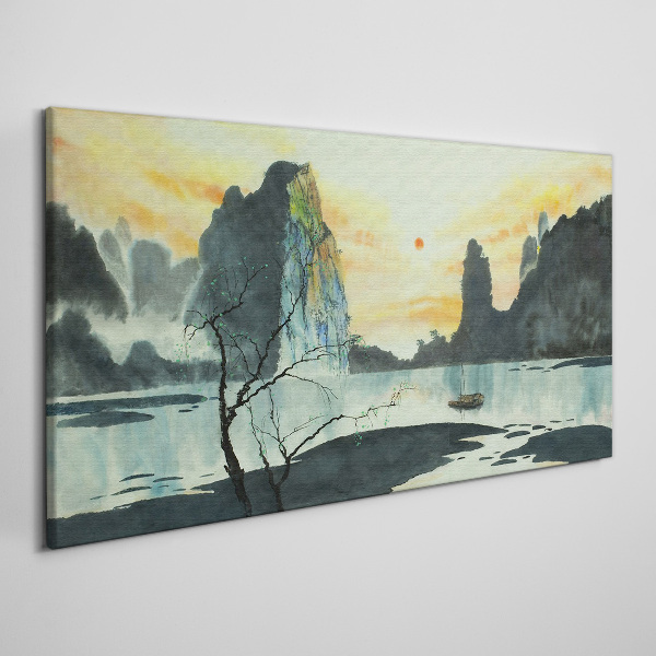 Foto auf leinwand Eine friedliche Landschaft mit einem Berg und einem Boot