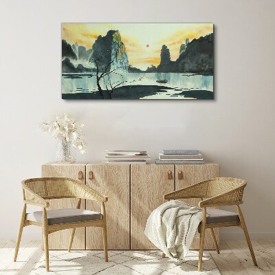 Foto auf leinwand Eine friedliche Landschaft mit einem Berg und einem Boot