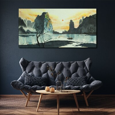 Foto auf leinwand Eine friedliche Landschaft mit einem Berg und einem Boot