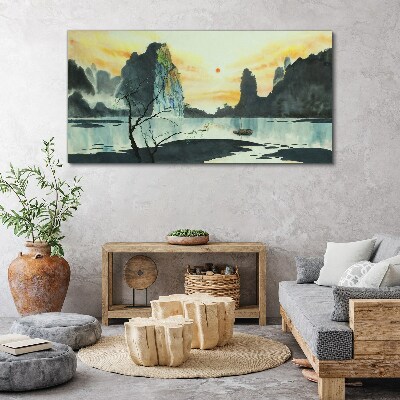 Foto auf leinwand Eine friedliche Landschaft mit einem Berg und einem Boot