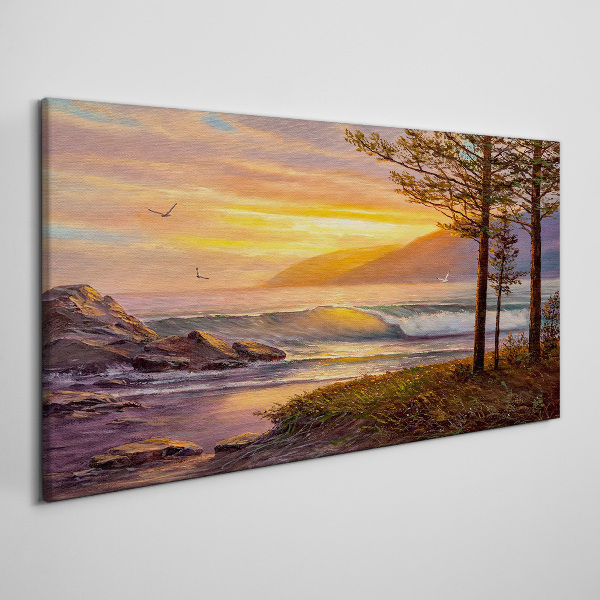 Bild auf leinwand Bäume Wellen Sonnenuntergang