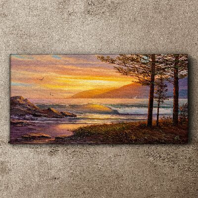 Bild auf leinwand Bäume Wellen Sonnenuntergang