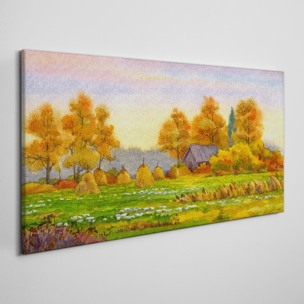 Foto auf leinwand Herbstdorf mit Obstgarten und Stapeln