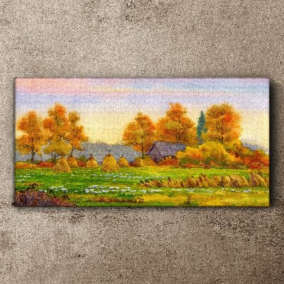 Foto auf leinwand Herbstdorf mit Obstgarten und Stapeln