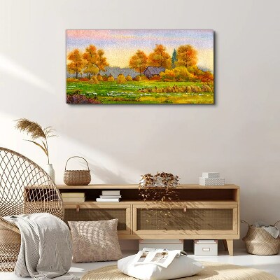 Foto auf leinwand Herbstdorf mit Obstgarten und Stapeln