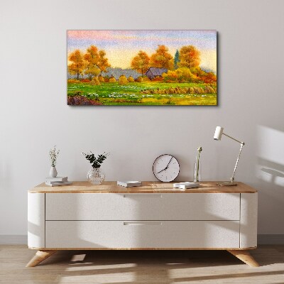 Foto auf leinwand Herbstdorf mit Obstgarten und Stapeln