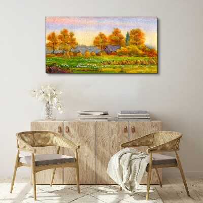 Foto auf leinwand Herbstdorf mit Obstgarten und Stapeln