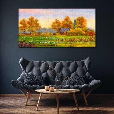 Foto auf leinwand Herbstdorf mit Obstgarten und Stapeln