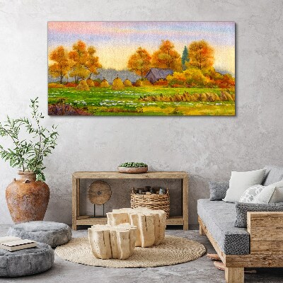 Foto auf leinwand Herbstdorf mit Obstgarten und Stapeln