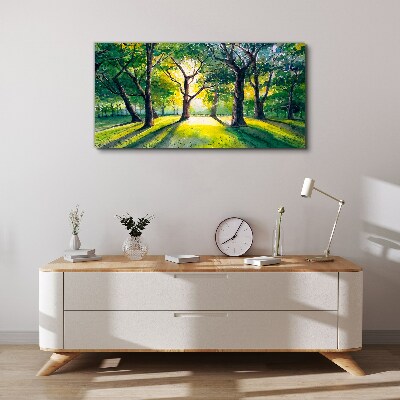 Foto leinwand Goldene Strahlen im Waldhain