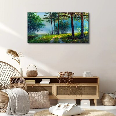 Foto auf leinwand Waldweg im Morgennebel