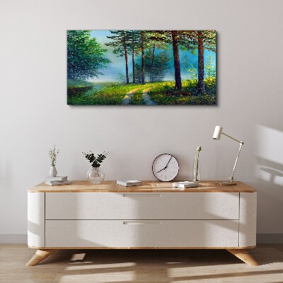 Foto auf leinwand Waldweg im Morgennebel