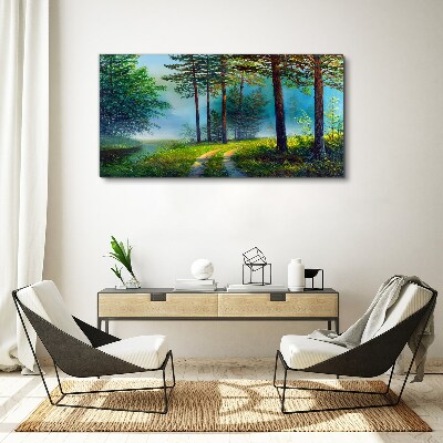 Foto auf leinwand Waldweg im Morgennebel
