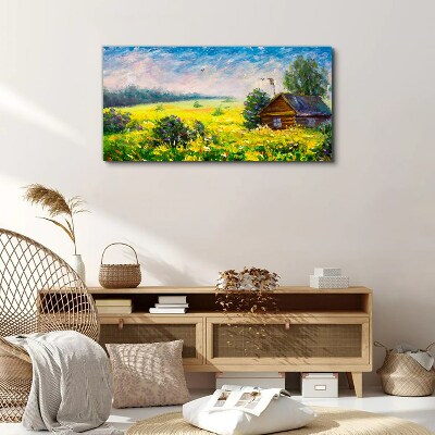 Foto auf leinwand Sommerlandschaften mit einem Häuschen im Feld