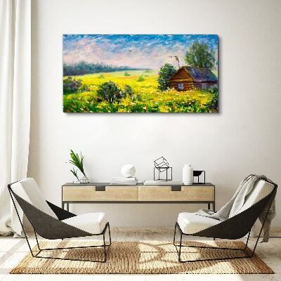 Foto auf leinwand Sommerlandschaften mit einem Häuschen im Feld