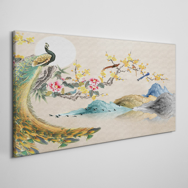 Foto leinwand Pfau in blühender Landschaft