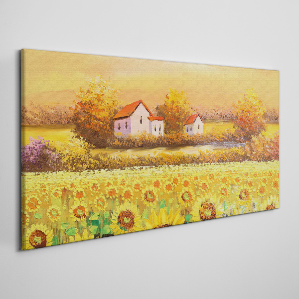 Leinwandbild Sonnenblumenfelder und Dorfhäuser