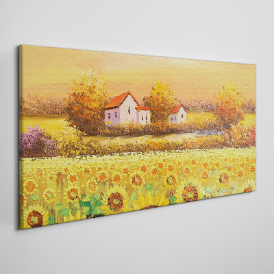 Leinwandbild Sonnenblumenfelder und Dorfhäuser