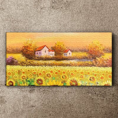 Leinwandbild Sonnenblumenfelder und Dorfhäuser