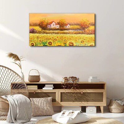Leinwandbild Sonnenblumenfelder und Dorfhäuser