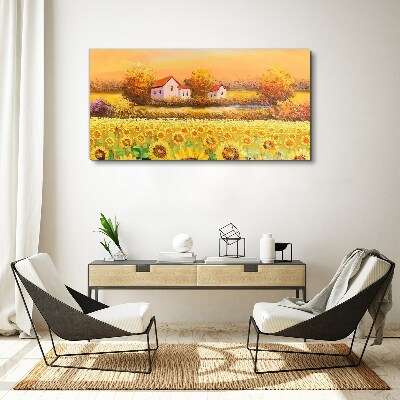Leinwandbild Sonnenblumenfelder und Dorfhäuser