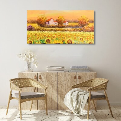 Leinwandbild Sonnenblumenfelder und Dorfhäuser