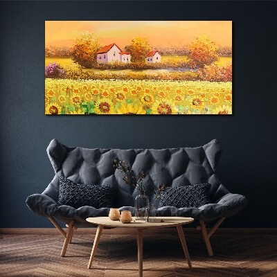 Leinwandbild Sonnenblumenfelder und Dorfhäuser