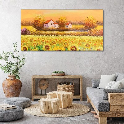 Leinwandbild Sonnenblumenfelder und Dorfhäuser