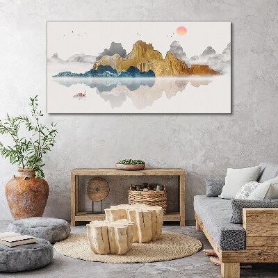 Foto auf leinwand Friedliche Berglandschaft mit einem Boot