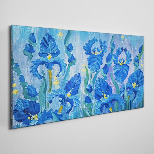 Foto auf leinwand Blaue Schwertlilien vor blauem Hintergrund