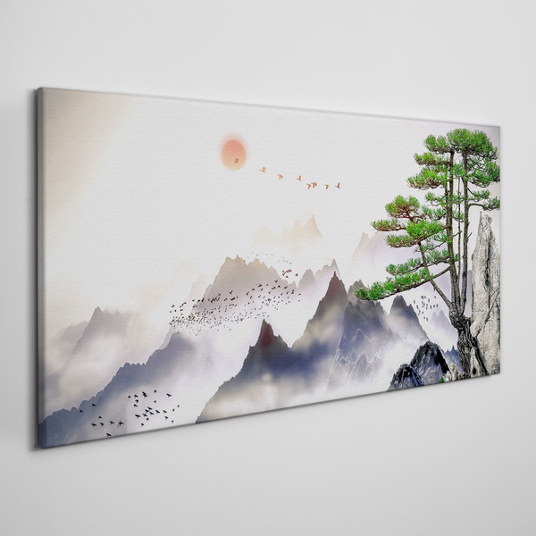 Bild auf leinwand Berge Nebel Sonnenbaum