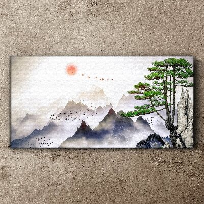 Bild auf leinwand Berge Nebel Sonnenbaum